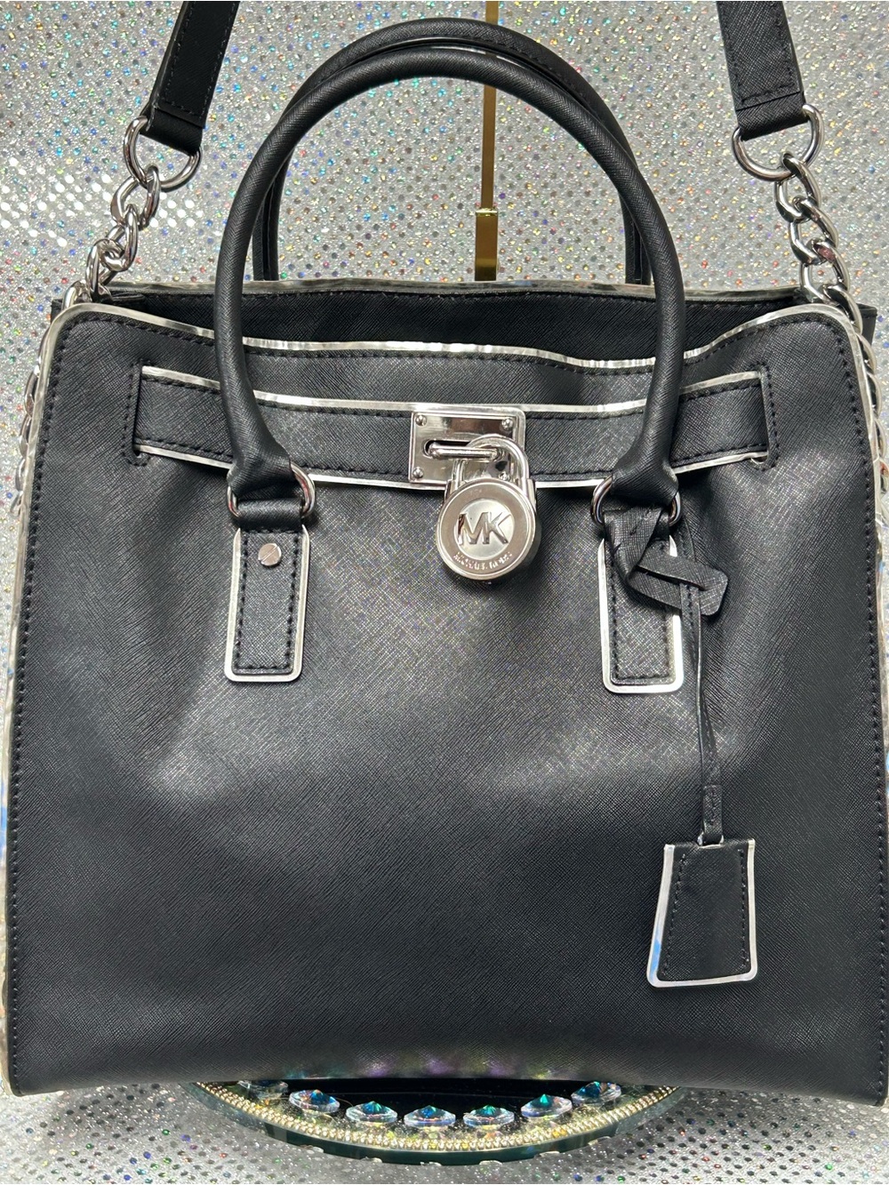 Michael Kors Black Saffiano Satchel with Silver Accent Approx. 14 x 13 x 4